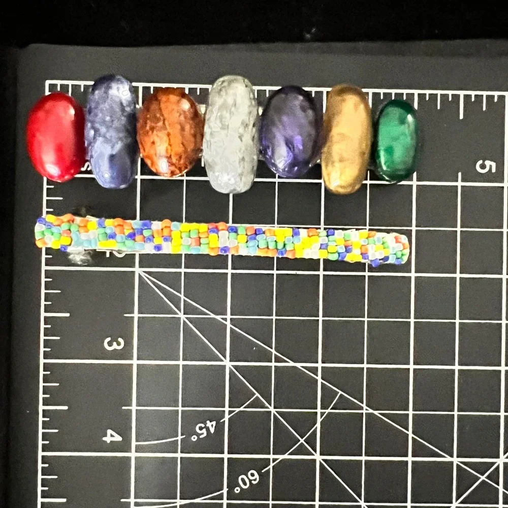 Vintage Multi Color Cabochon & Seed‎ Bead Hair Barrette Clip Set 3 Inch Eclectic